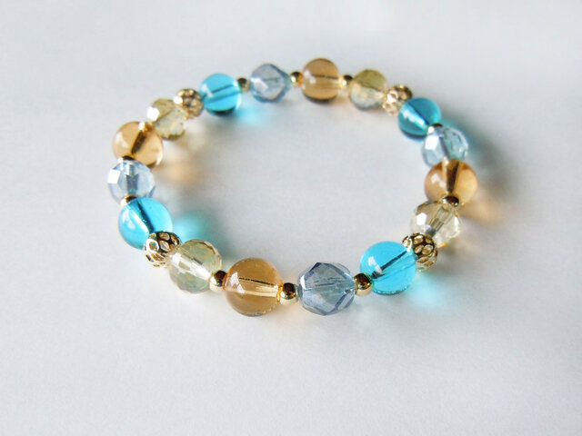 水色とオレンジのチェコガラスとラウンドガラスビーズのブレスレット