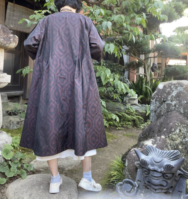 【着物リメイク】大島紬の羽織れるワンピース/タック/Aライン