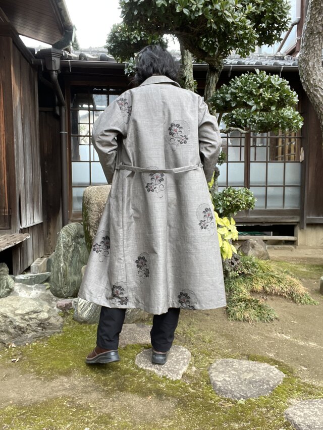 【着物リメイク】大島紬の丸い衿のワンピース/前開き/Aライン