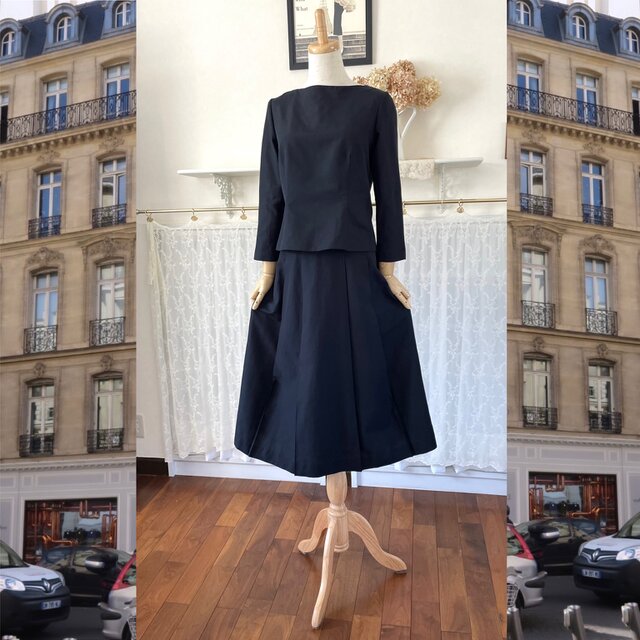 黒・シルクコットンのセットアップ『ボートネックブラウス&タックスカート ・フォーマル対応』