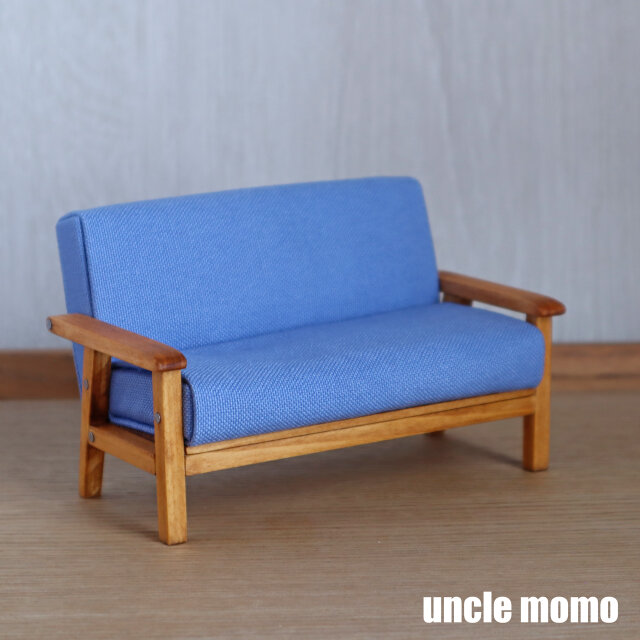 アンティーク♡ドール用ソファ ドール用ソファ2人掛け（色：ライトブルー×チェスナット） 1/12