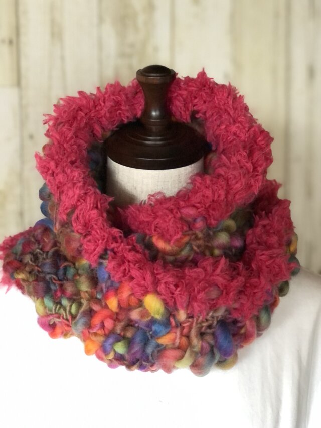 楽チン❣️かぶるだけ★ぬくぬくファーとスラブヤーンのスヌード❤️カラフルミックス