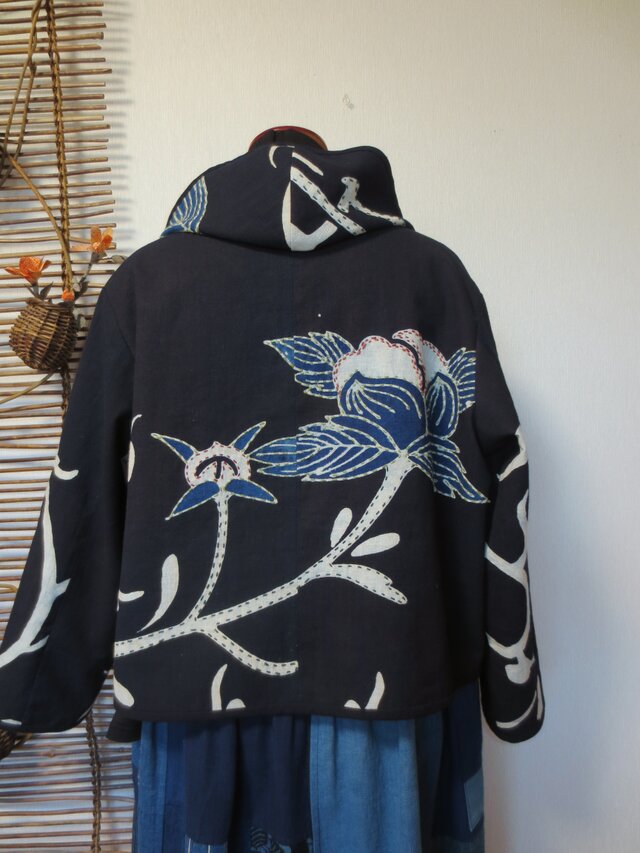 （Ｙ様専用）古布リメイク 藍染リバーシブルミニフードジャケット　筒描き　久留米絣　刺し子　古布　着物リメイク