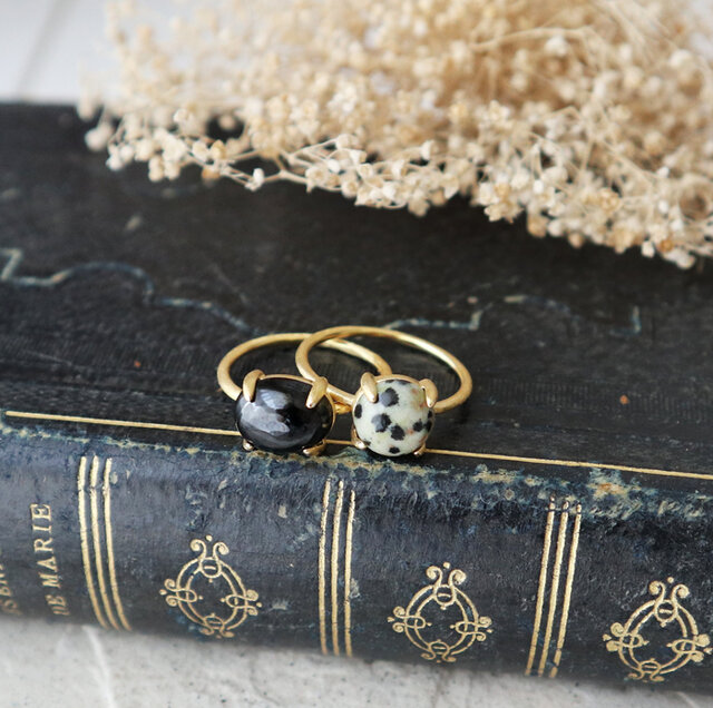 18KGP】タイ産！ブラックスピネルとジャスパーの2連リングセット