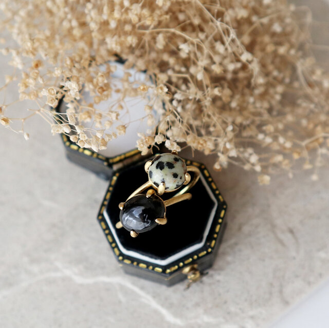 18KGP】タイ産！ブラックスピネルとジャスパーの2連リングセット