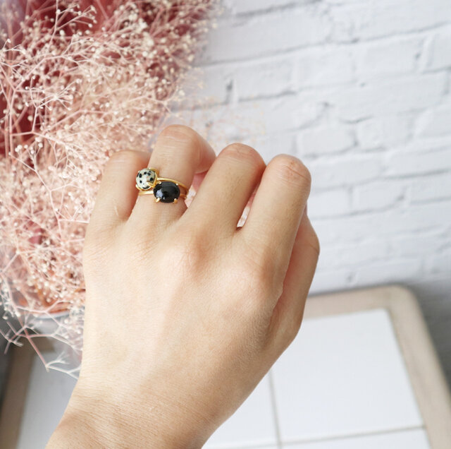 18KGP】タイ産！ブラックスピネルとジャスパーの2連リングセット