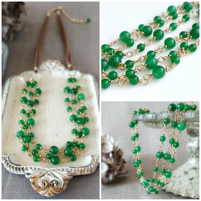 グリーンオニキスのナチュラルネックレス：天然石 , 革ひも | iichi