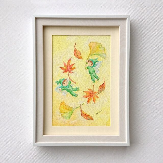 原画作品 秋を楽しむ小さな妖精たち「木の葉」