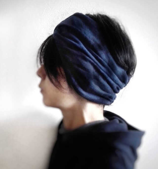 ターバンなヘアバンド　ムラ染めネイビーニットワイド　送料無料