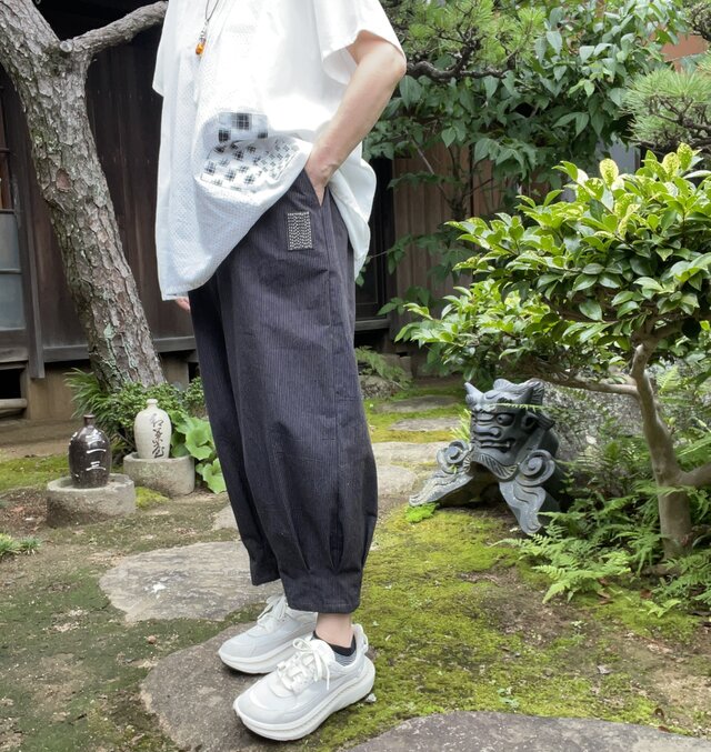 着物リメイク　古布リメイク　絣色々　おしゃれタックパンツ 古布リメイク 筒描き＋藍染のワイドパンツ 縞木綿 久留米絣 着物
