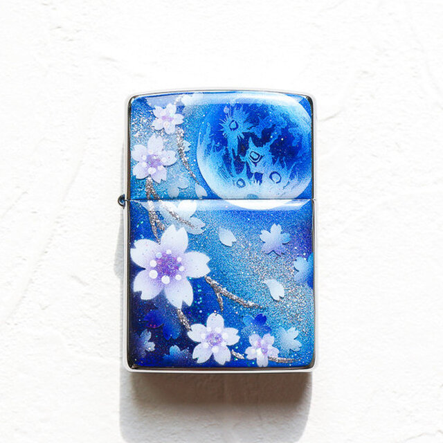 手描き ZIPPO 蒼月と桜 ジッポ ライター 箱付き 銀箔 | iichi 日々の 