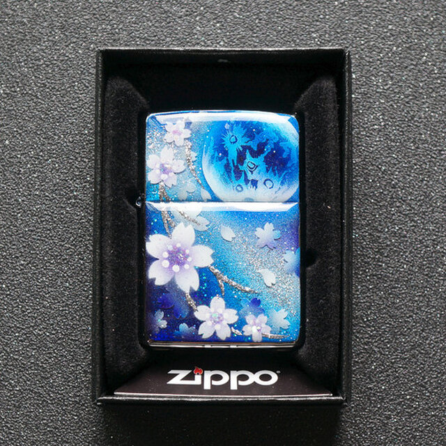 手描き ZIPPO 蒼月と桜 ジッポ ライター 箱付き 銀箔 | iichi 日々の 