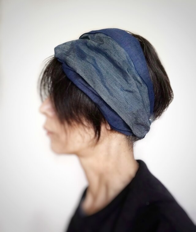 ターバンなヘアバンド　ムラ染めネイビーmix　送料無料