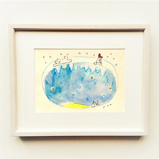 犬の絵｜原画「冬の夜の散歩道」※木製額縁入り（インチサイズ）