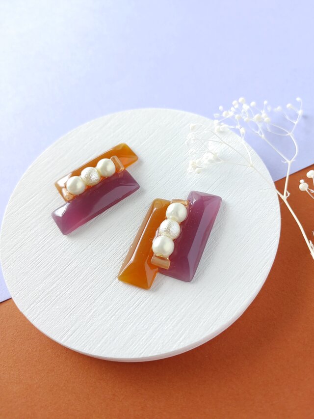 ★a　"個性惹かれるアクセサリー…"　大ぶり　ブラウン×パープル　モードピアス／イヤリングe