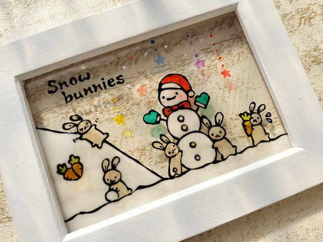 ステンドグラス◆ハンドメイト品 送料無料*ステンドグラス風*雪だるま・うさぎ・ブルー系・ハンドメイド