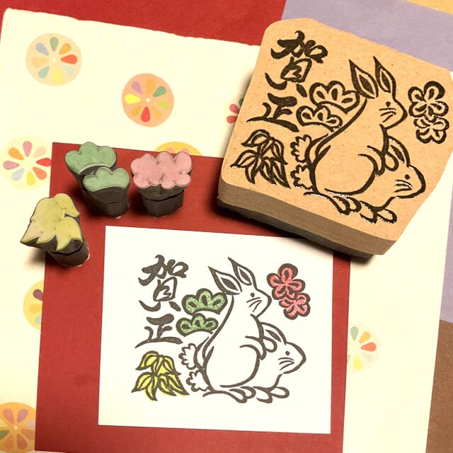 Д年賀状はんこД【うさぎ◇賀正】《色付けハンコ付》5×6cm