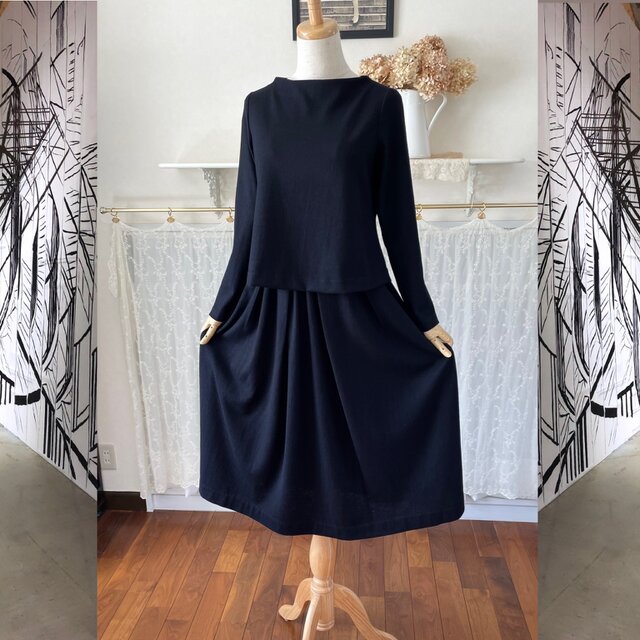 黒ウールニットのセットアップ/B『ボートネックブラウス&サイズフリースカート・薄手ウール 』