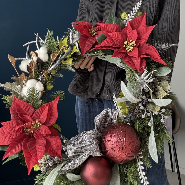 50cm】即発！ゴシックノエル・クリスマスリース｜深紅のポインセチアと