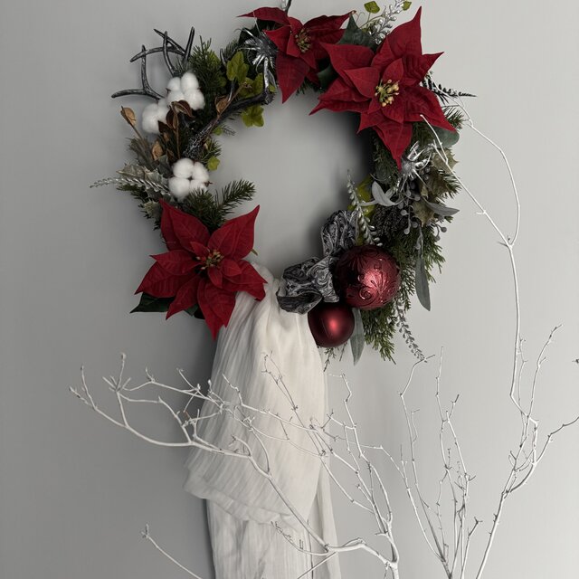 50cm】即発！ゴシックノエル・クリスマスリース｜深紅のポインセチアと