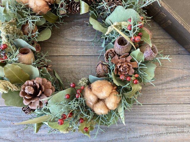 見本 木の実いっぱいクリスマスリース 45センチ 木の実いっぱいな