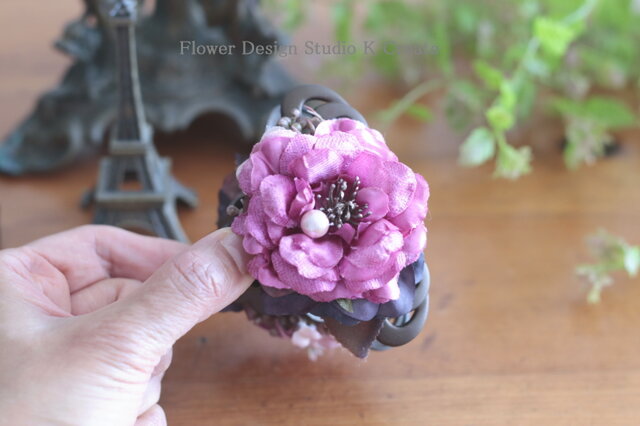 専用541*紫陽花のヘアクリップ(ピンク) ピンクの薔薇と秋紫陽花のバンスクリップ 髪飾り ヘアクリップ ローズ