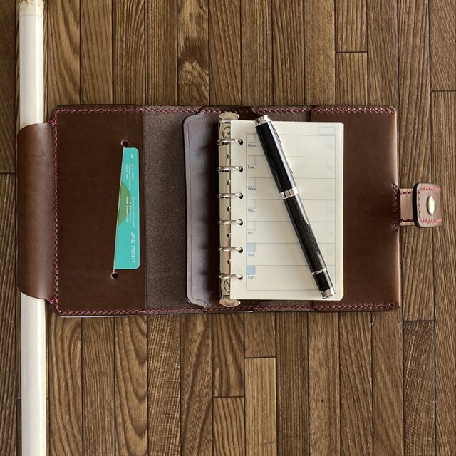 mini6 焦げ茶 固定ベルト】ミニ6穴 筒状ペンホルダーのシステム手帳