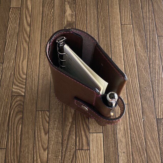 mini6 焦げ茶 固定ベルト】ミニ6穴 筒状ペンホルダーのシステム手帳