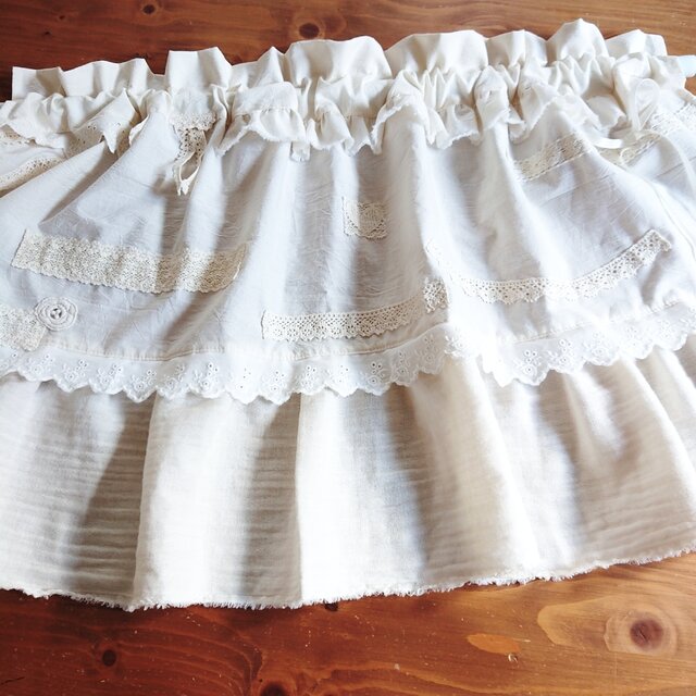 ナチュラルコットン♪トーションレースのアップリケカフェカーテン