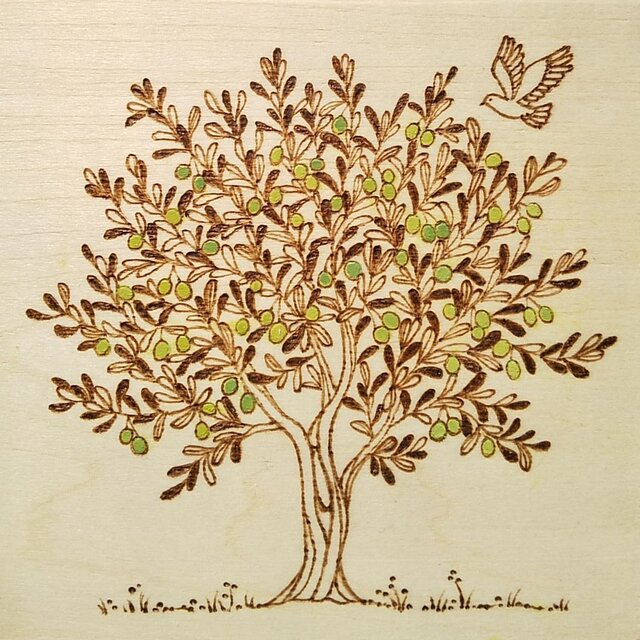 peace〈オリーブの木〉」10×10cm 〈ウッドバーニングアートフレーム 