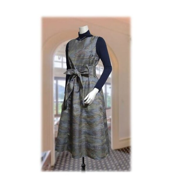 270＊村山大島紬のジャンスカにもなるAラインワンピース（グレー系／風景柄）