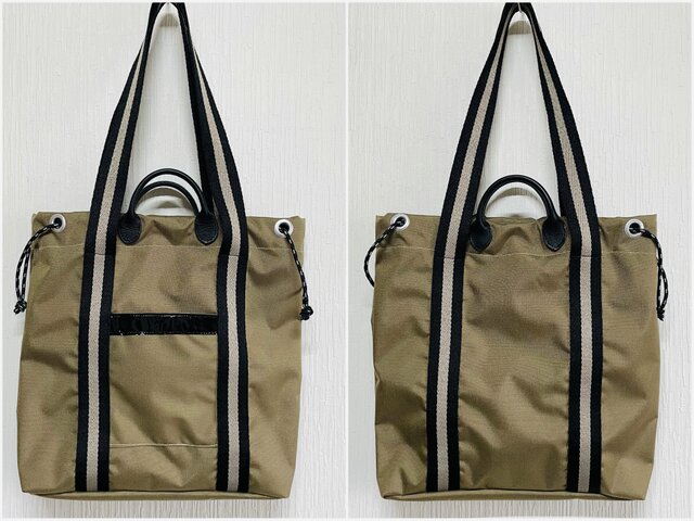 ベージュ 巾着型トートバッグ 2WAYトートバッグ（巾着型フタつき）(SH554） | 型紙、パターン