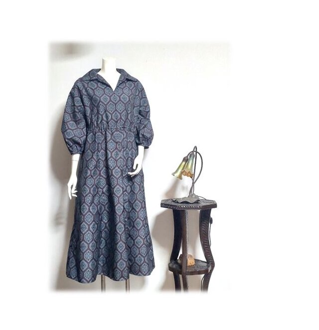 278　村山大島×紬昭和30年代イメージワンピース（グレー／亀甲と花）