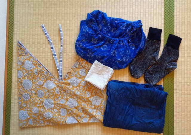 パッチワークのあずま袋 きらきら ゆらゆら ブロックプリント 藍染め