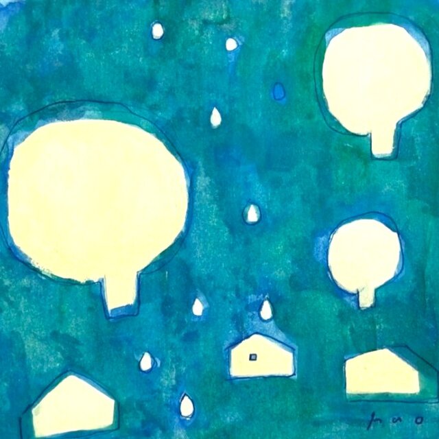 特集掲載作品＊「雨の日」原画 ※木製額縁入り（18㎝角）一点物 水彩