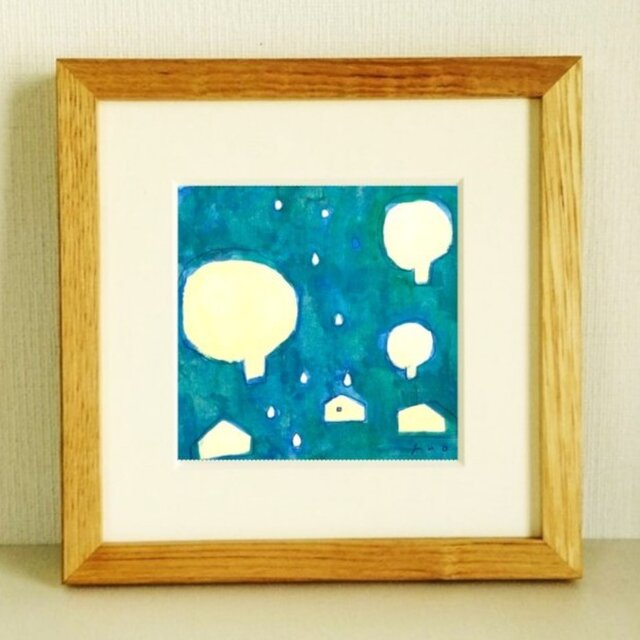 顔絵　飾り　絵画　絵 イラスト 原画「雨の日」※木製額縁入り(18×18㎝）水彩 絵画 インテリア