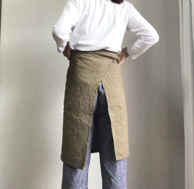 ワークエプロン 肩紐バイカラー ベルギーリネン イエローカーキ×肩紐