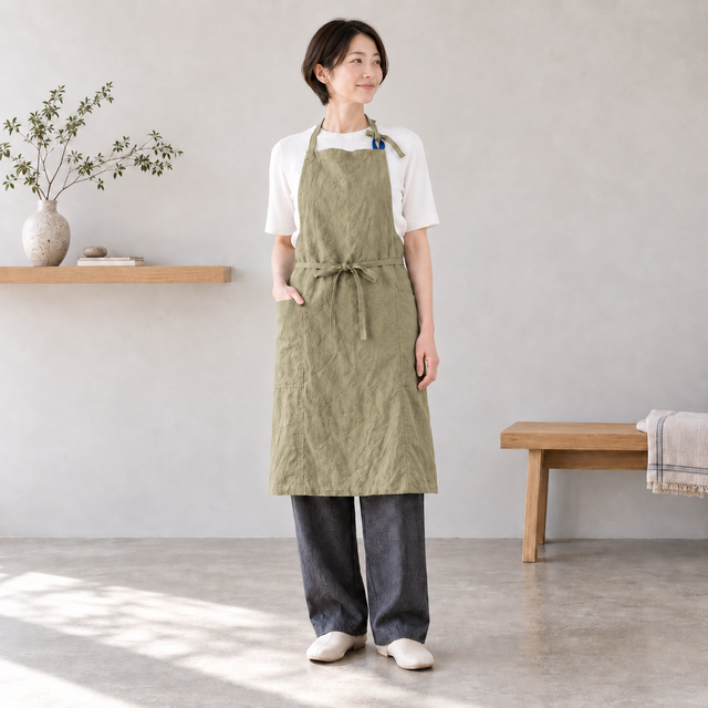 ワークエプロン 肩紐バイカラー ベルギーリネン イエローカーキ×肩紐
