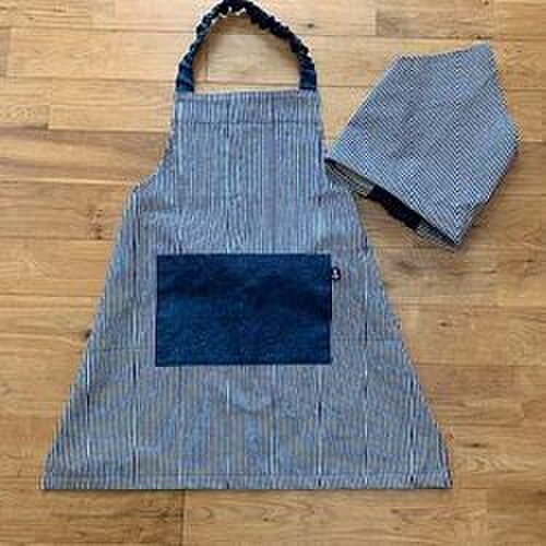 キッズエプロン・三角巾、150サイズ・ヒッコリー紺×デニム・BOYS 