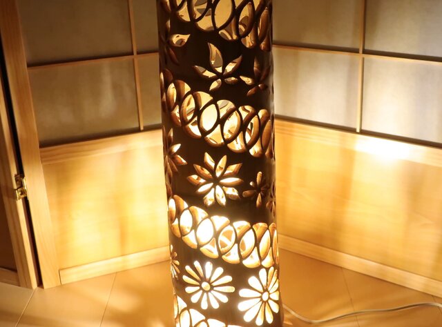 No.020t 竹灯り ハンドメイド 曲線の美 インテリア  bamboo ◇全面彫◇竹灯り・竹あかり・竹灯籠 ～～ 癒しの灯り ☆太陽の