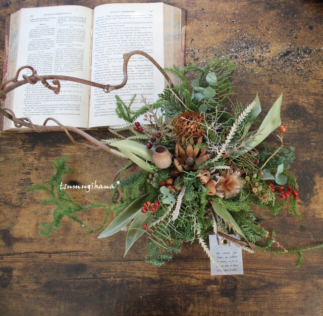 30㎝ ドライアンドラとコットンの大人ブラウンクリスマスリース