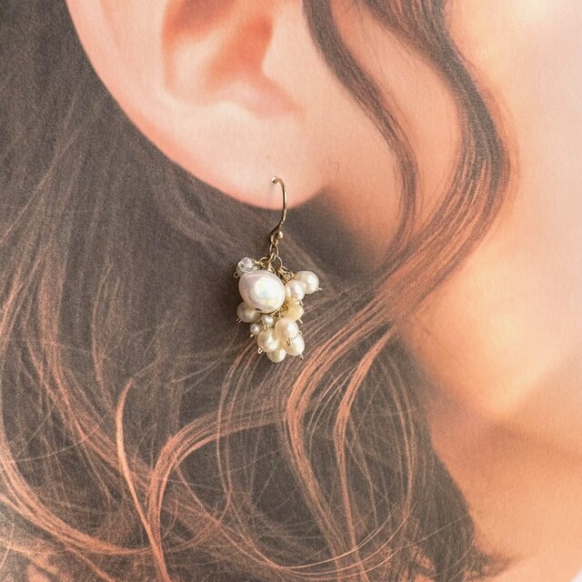 14kgf カラーオパールと淡水パールのシャンデリアピアス