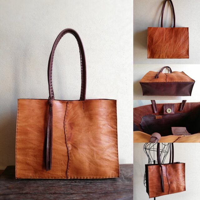square tote A4　オレンジブラウン✗ダークブラウン　オイルワックスレザー