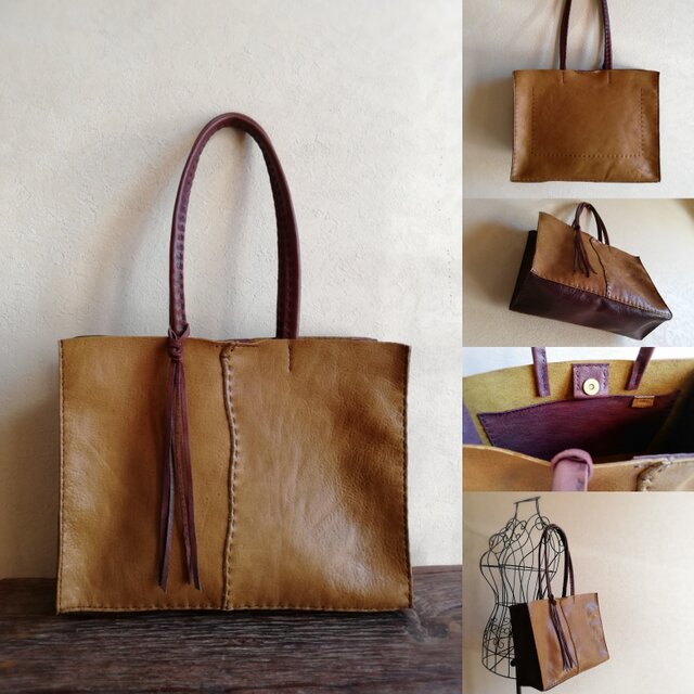 square tote A4　マスタードイエロー✗ダークブラウン　オイルシュリンクレザー