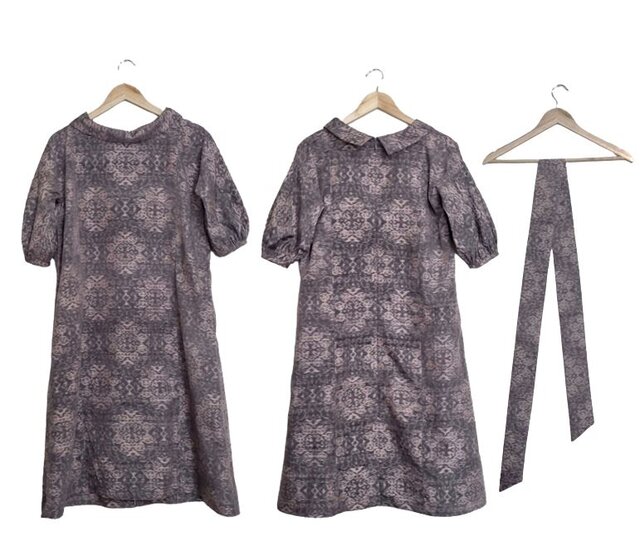 283 ロールカラーワンピース 村山大島紬 Aライン レトロ ピンク×グレー