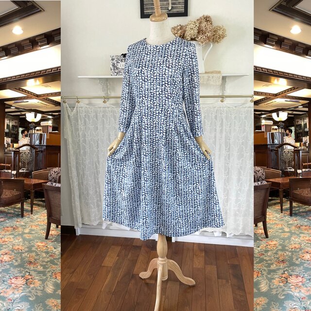 ♦️Sale! 白〜紺プリントのニットワンピース『１点のみ・3シーズン・タック＆ロングワンピース』
