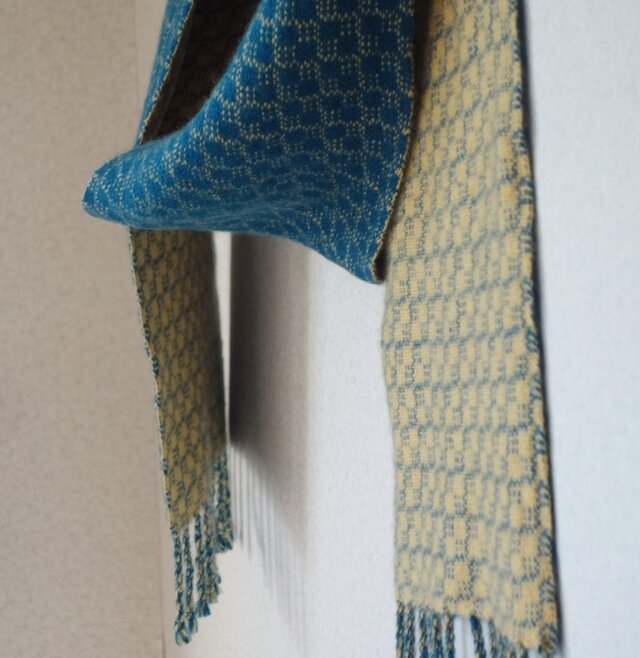 手織りカシミアマフラー・・青緑×からし