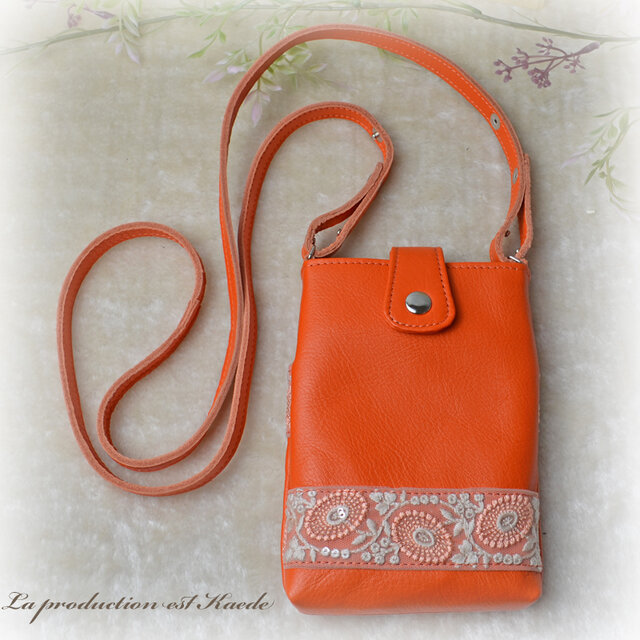 レザー：スマホポシェット（オレンジ）