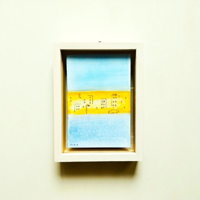 どこかなつかしい夕暮れの絵｜水彩原画「夕暮れの町」※額縁入り