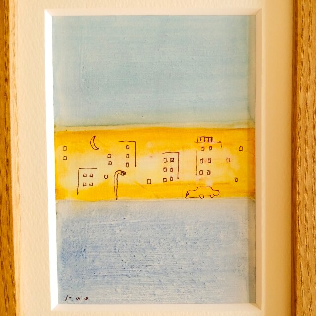 一点物】原画「夕暮れの町」※木製額縁入り（2Lサイズ）・イラスト